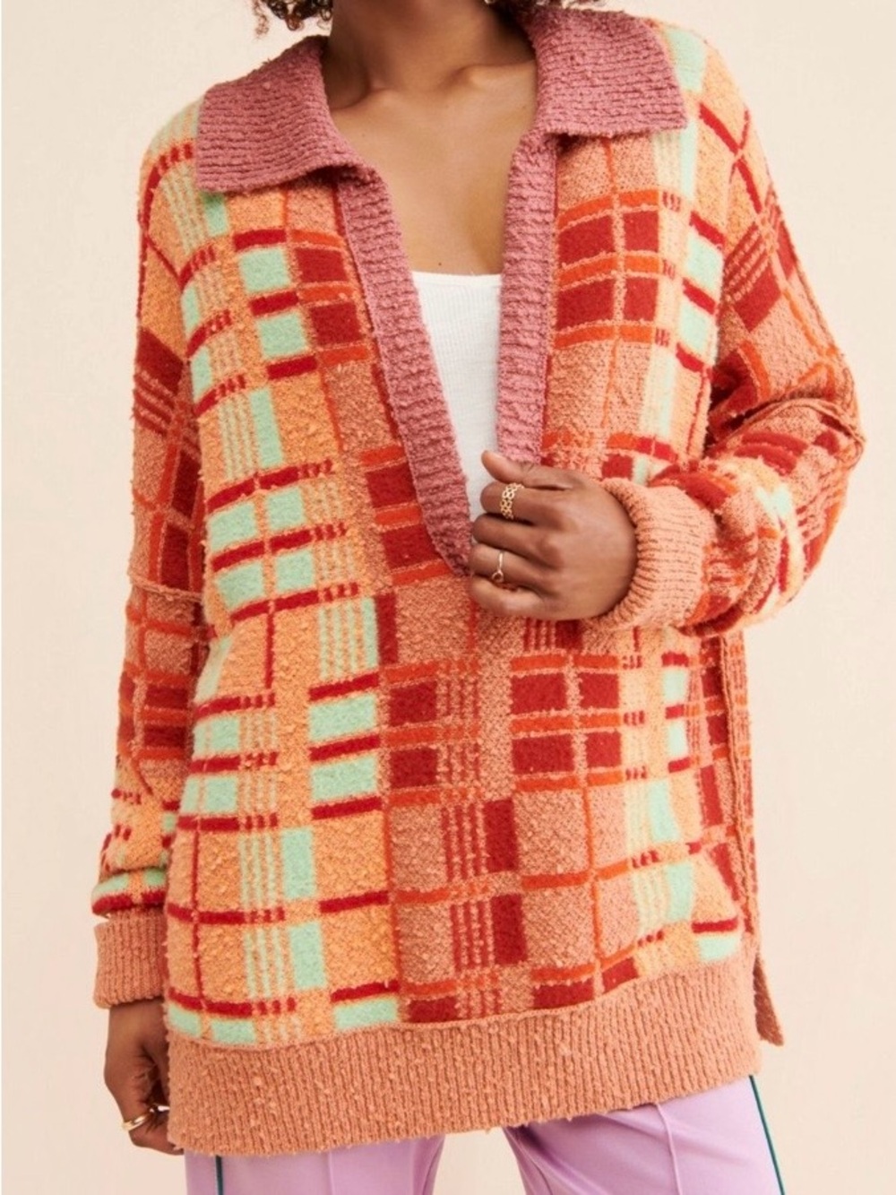 Free People Cozy Plaid Deep-V Sweater with Contrast Collar - Brown/Turquoise